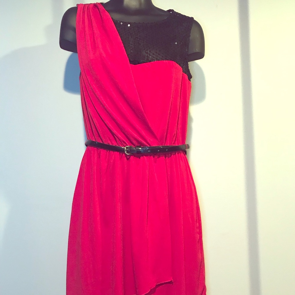Studio Y Red with Black Sequin Belted Dress
